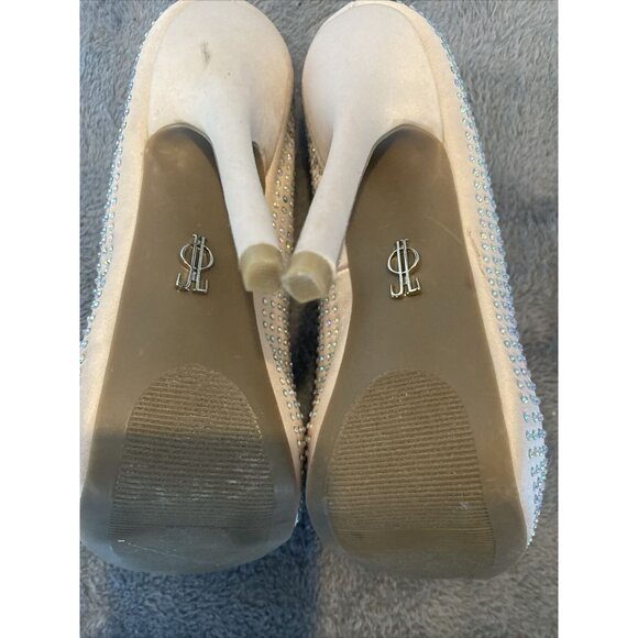 Jennifer Lopez Nude Bedazzled Rhinestone Heels Tan Size 6M Stilettos open toe - Picture 8 of 15